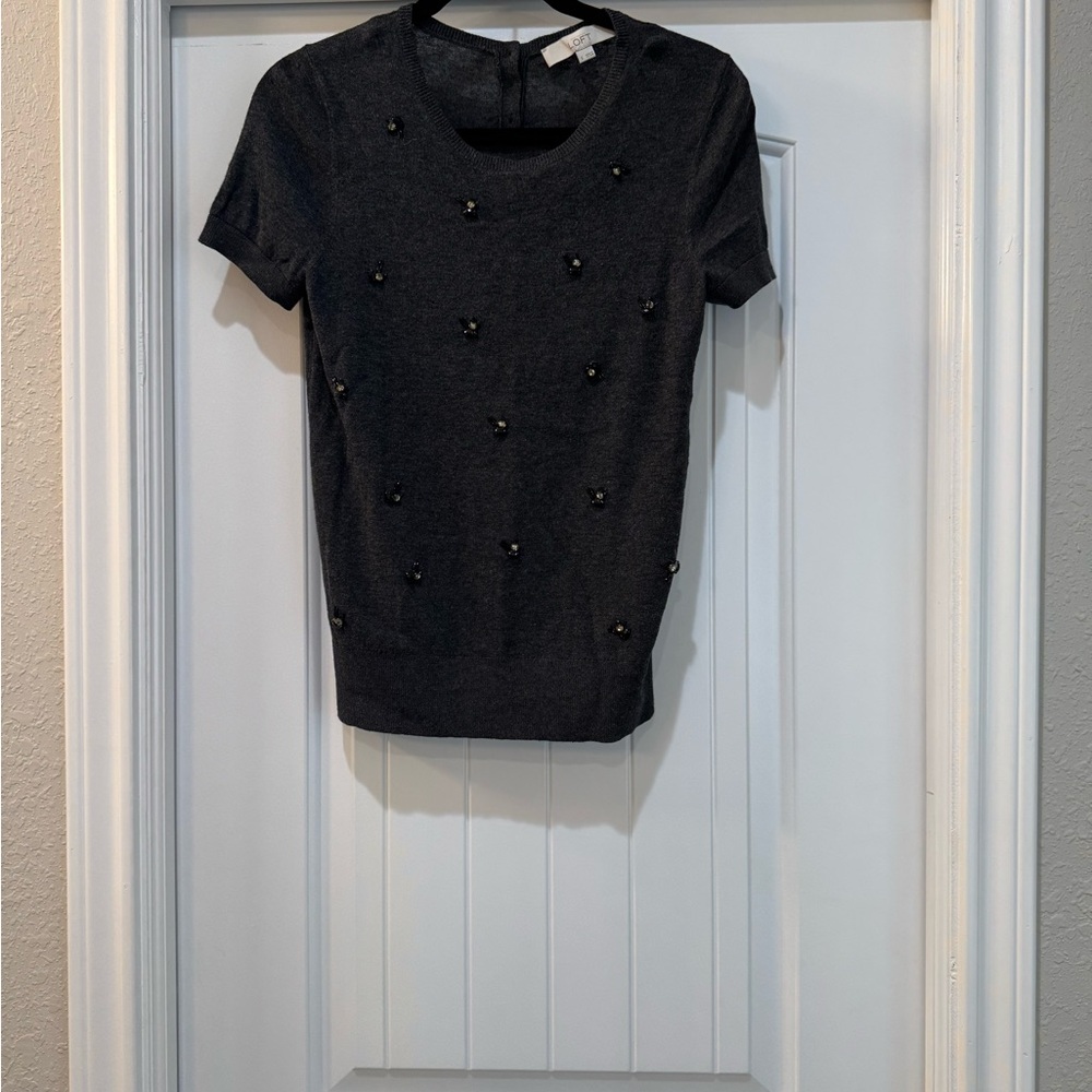 LOFT Charcoal Beaded Short Sleeve Sweater Top